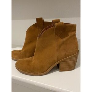 TOMS Women Ankle Boots Suede Tan Block Heel Western Style Booties Size 6